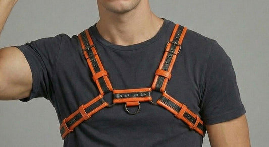 Chest Harness Men’s Orange & Black Dual-Tone Leather Chest Harness | Adjustable Cosplay & Festival Gear