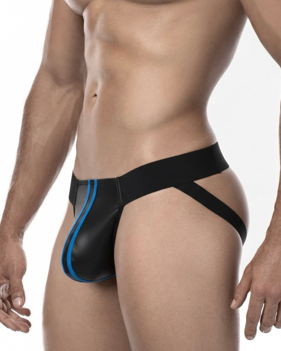 Jockstrap Men's Black Faux Leather Jockstrap Underwear with Blue Stripes