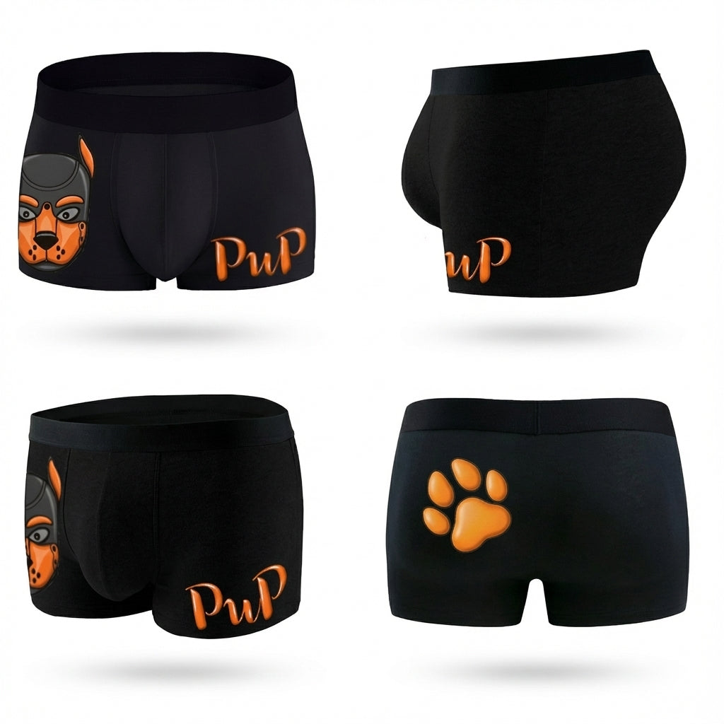 Boxers Orange & Black Human Pup Play Boxer Briefs | Kinky Men's Underwear Trunks