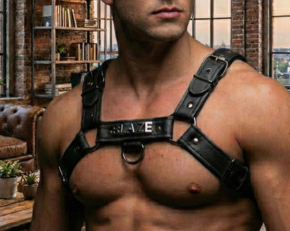 Custom Name Men’s Leather Chest Harness with Metal Name Plate | Adjustable Cosplay & Festival Gear