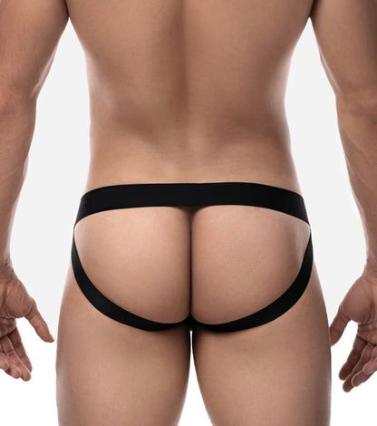 Jockstrap Men's Black Faux Leather Jockstrap Underwear with Blue Stripes