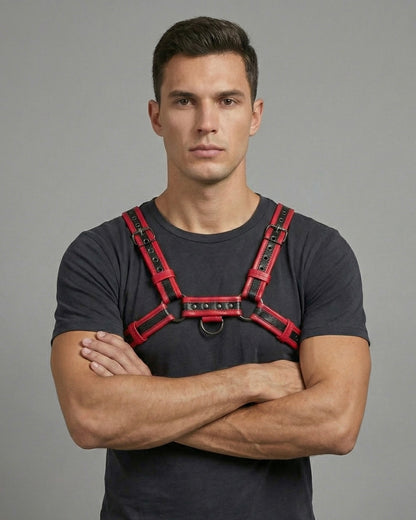 Chest Harness Men’s Red & Black Dual-Tone Leather Chest Harness | Adjustable Cosplay & Festival Gear