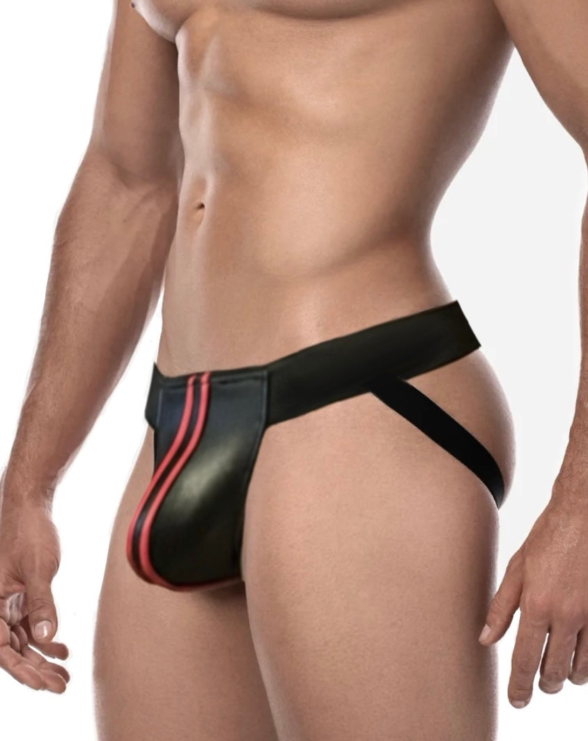 Jockstrap Men's Black Faux Leather Jockstrap Underwear with Red Stripes