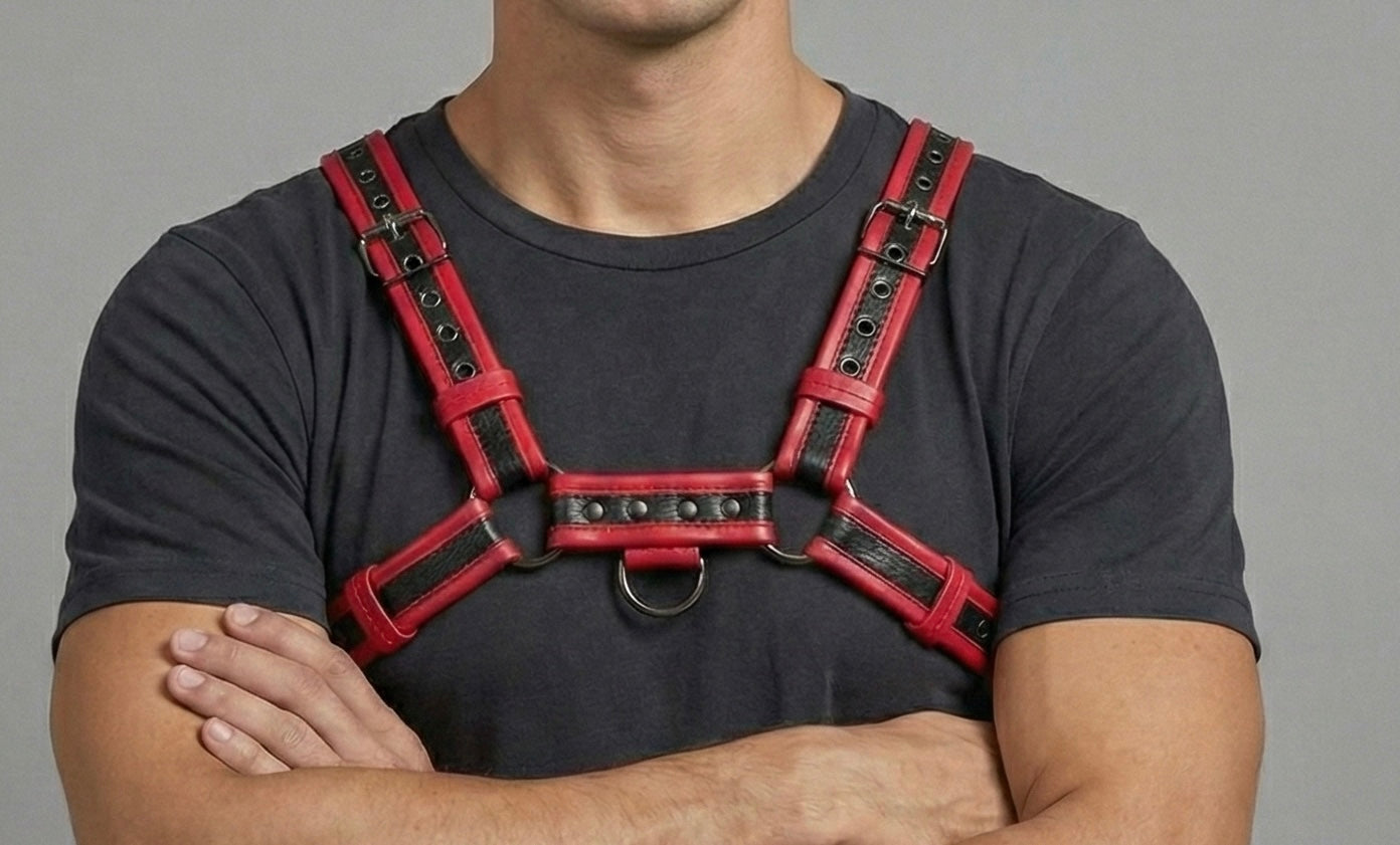 Chest Harness Men’s Red & Black Dual-Tone Leather Chest Harness | Adjustable Cosplay & Festival Gear
