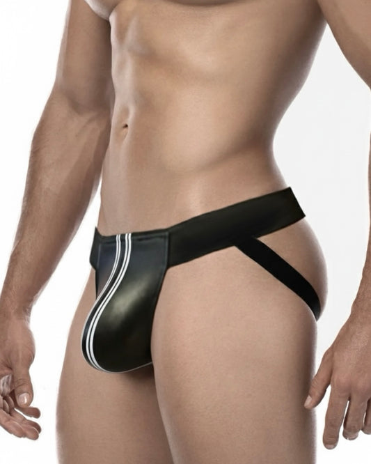Jockstrap Men's Black Faux Leather Jockstrap Underwear with White Stripes