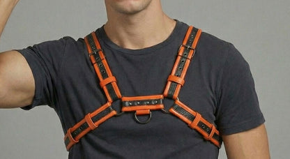 Chest Harness Men’s Orange & Black Dual-Tone Leather Chest Harness | Adjustable Cosplay & Festival Gear