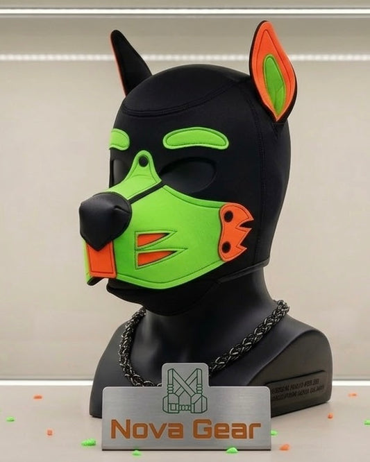 Custom Neoprene Pup Hood – UV Reactive Neon orange & Green Dog Mask | Handmade Cosplay