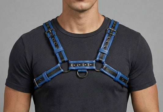 Chest Harness Men’s Blue & Black Dual-Tone Leather Chest Harness | Adjustable Cosplay & Festival Gear