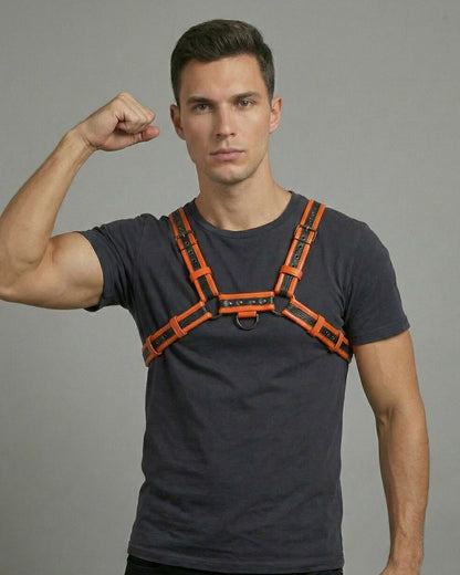 Chest Harness Men’s Orange & Black Dual-Tone Leather Chest Harness | Adjustable Cosplay & Festival Gear