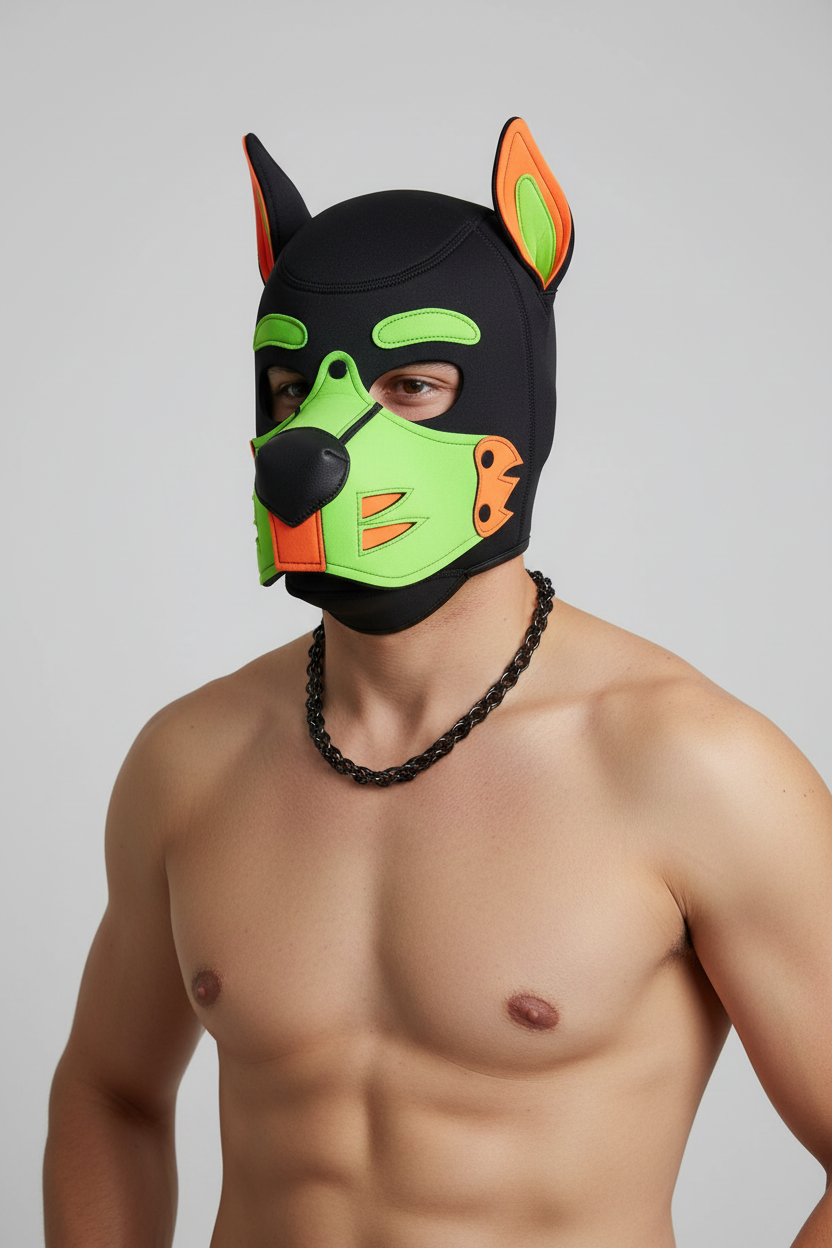 Custom Neoprene Pup Hood – UV Reactive Neon orange & Green Dog Mask | Handmade Cosplay