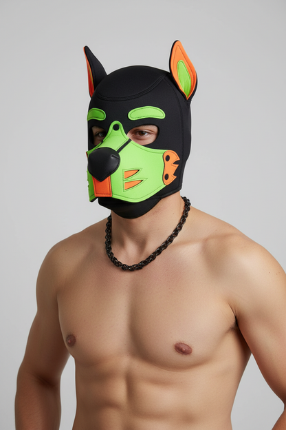 Custom Neoprene Pup Hood – UV Reactive Neon orange & Green Dog Mask | Handmade Cosplay