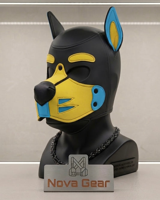 Custom Neoprene Pup Hood – UV Reactive Neon Yellow & Blue Dog Mask | Handmade Cosplay